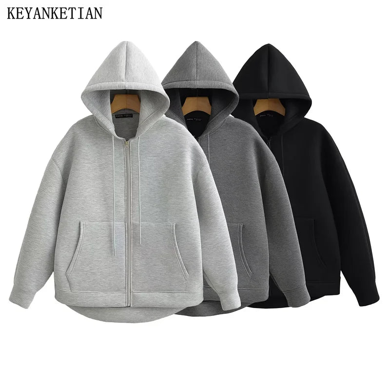 KEYANKETIAN Winter New Women's Zipper Hoodie High Street Unisex style Double Pockets Oversize Loose Sweatshirts Outerwear Top - reetell