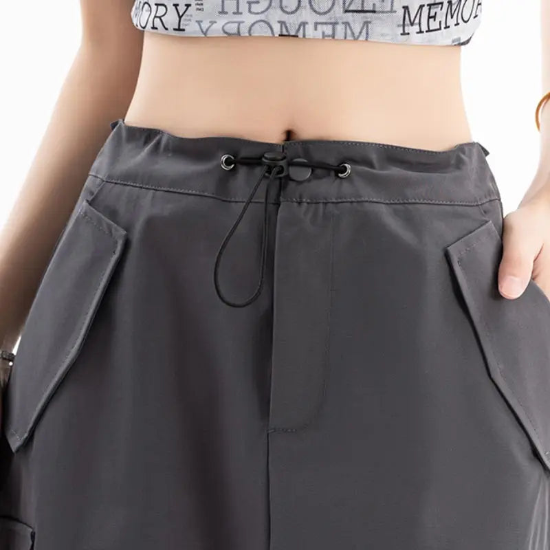 American Retro Cargo Skirt for Women Summer Slit Design Drawstring High Waist Mid-length Skirt Y2k Streetwear Fashion Clothing - reetell