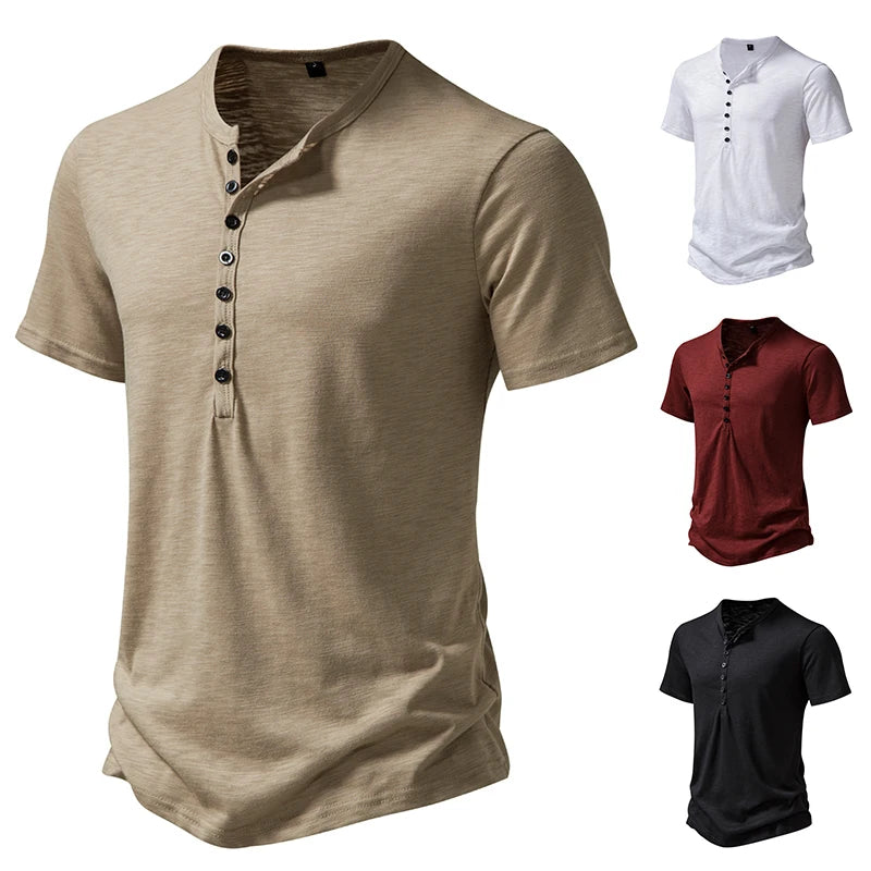 Men's Henley Shirt, Casual Fashion T-shirt, Basic Short Sleeve Top, 100% Cotton Lightweight Tee, Plus Size Camping T-shirt - reetell