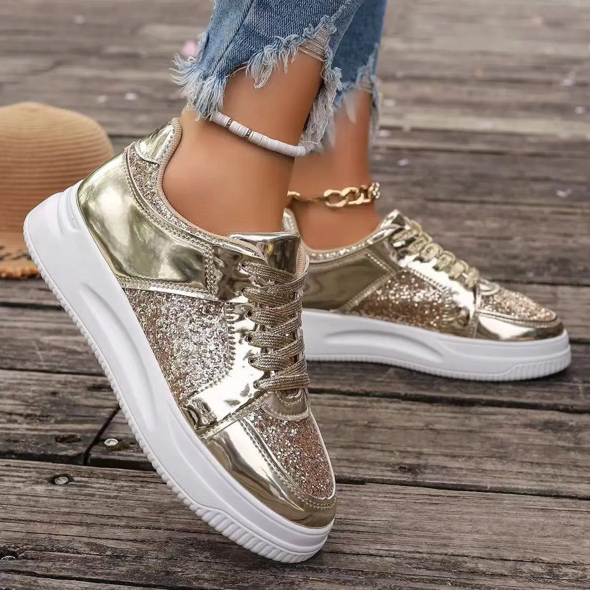 Women's Gold Sequins Platform Sneakers Autumn Fashion Casual Sports Shoes Thick Bottom Vulcanized Shoes Woman Flats Heels Shoes