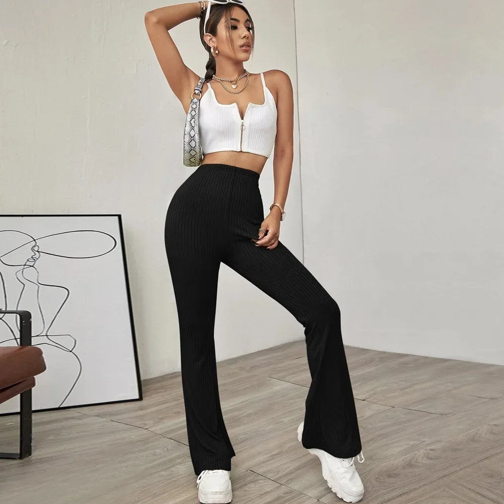 2024  temperament high-waist slimming beltless slightly flared knitted casual trousers for women - reetell