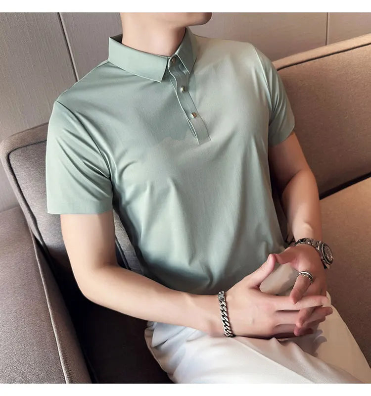 Ice Silk Traceless T-shirt Men's  Business Casual Solid Color Half Sleeve High Elasticity Top Silk Smooth Breathable POLO Shirt