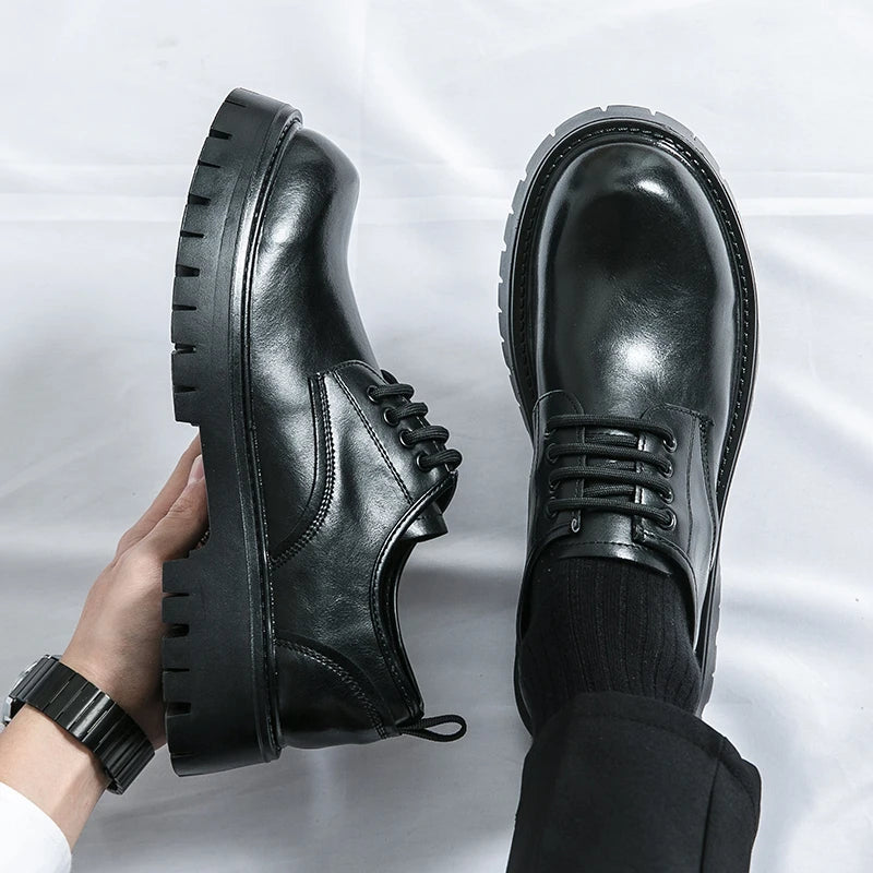 Men Casual Large Toe Original Black Platform Business Thick Bottom Dress Shoes Men Gentleman Outdoor Patent Leather Safety Shoes - reetell