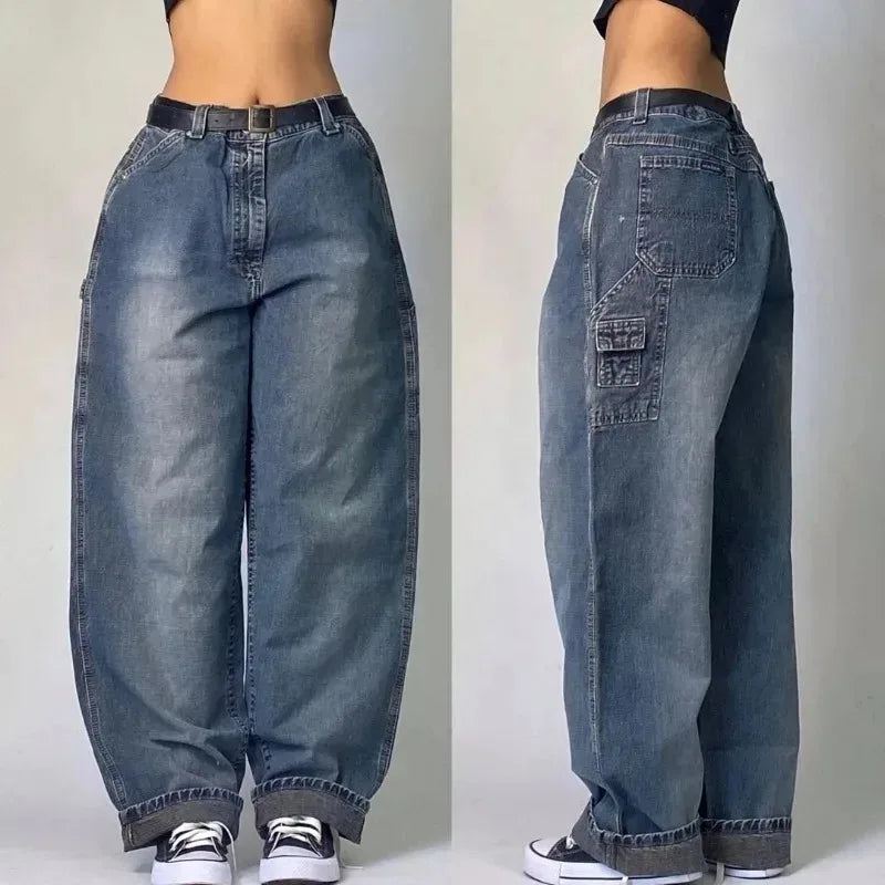 Streetwear American New Washed Light Blue Baggy Jeans Men And Women Y2K High Street Fashion Retro Punk High Waist Wide Trousers - reetell