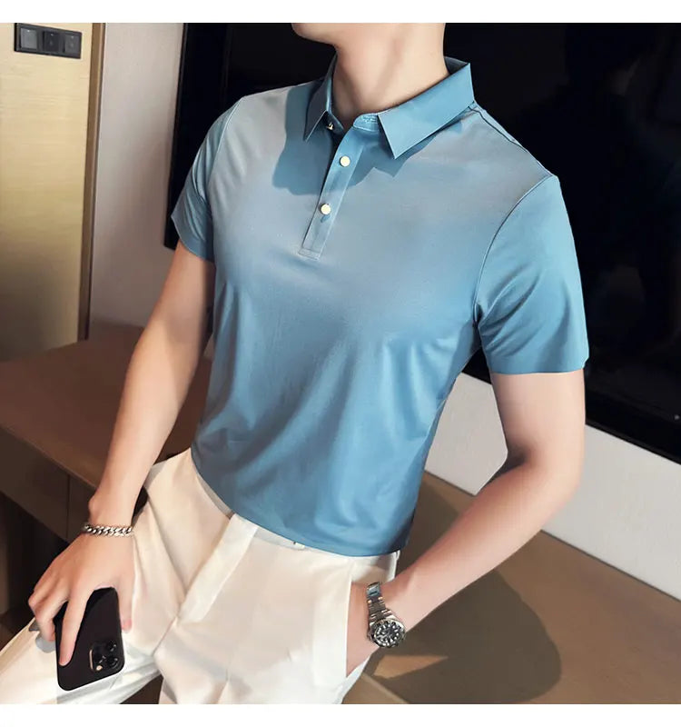 Ice Silk Traceless T-shirt Men's  Business Casual Solid Color Half Sleeve High Elasticity Top Silk Smooth Breathable POLO Shirt