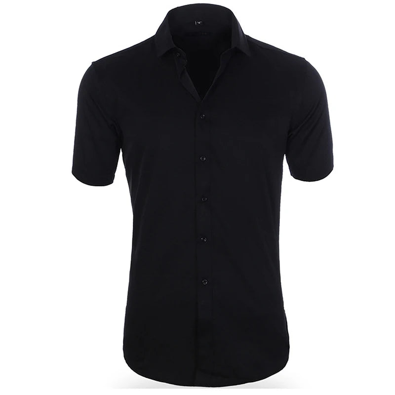 Anti-Wrinkle Stretch Slim Elasticity Fit Male Dress Business Basic Casual Short Sleeved Men Social Formal Shirt Oversized