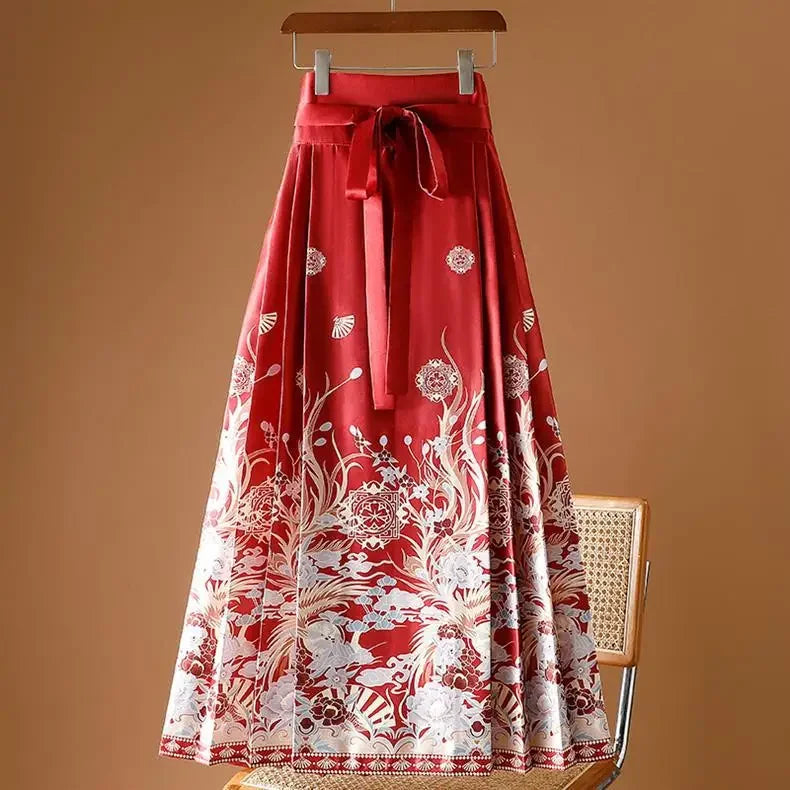 Maxi Chinese Style Horse Face Skirts Women Hanfu Vintage Harajuku Saia Casual Long Print Pleated Skirt Woman Clothing Faldas - reetell