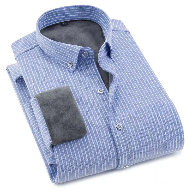 Autumn Winter Men's Striped Warm Non-ironing Long Sleeve Fleece Thickened Oxford Spinning Business Casual Shirts Men's Clothing