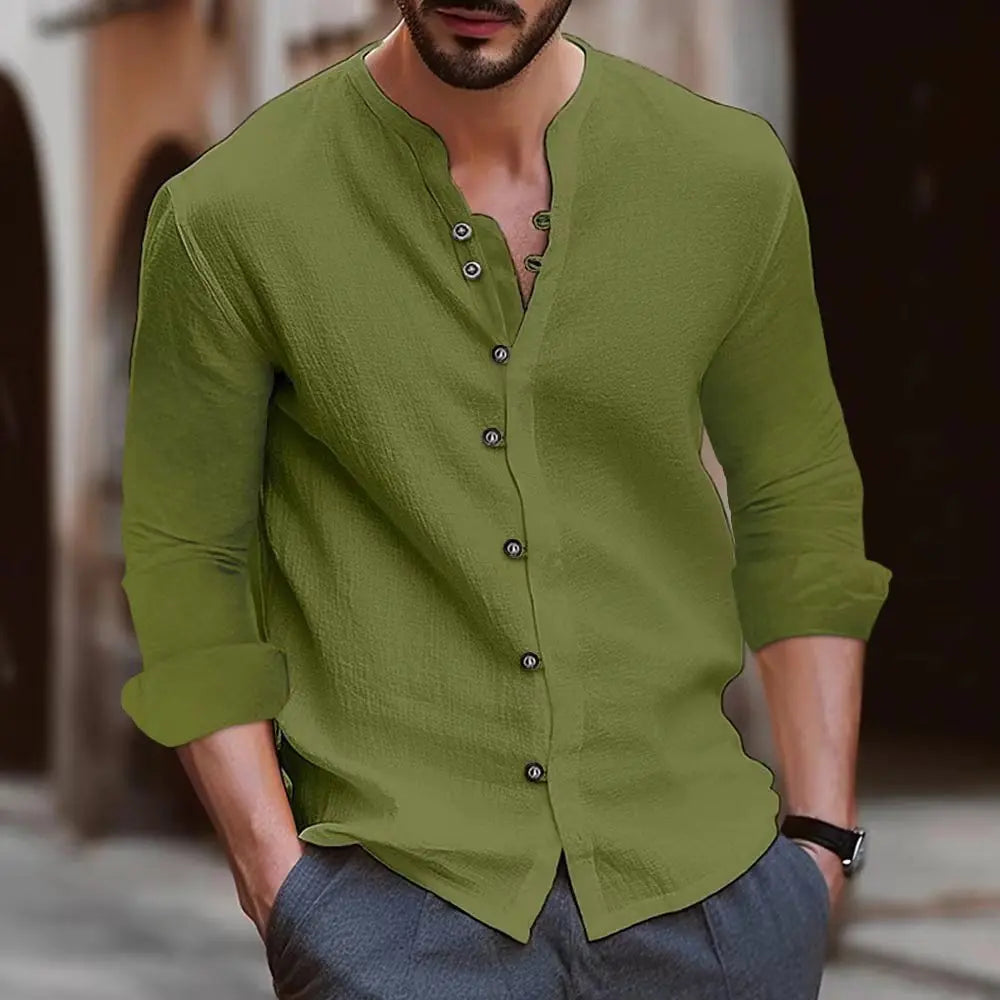 Hot new men's cotton linen shirt loose comfortable casual linen young men stand collar solid color shirt