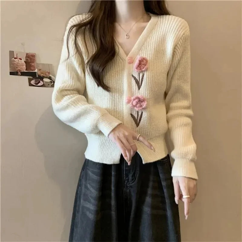 Heavy Industry Beautiful Flowers Knitted Cardigan Sweater Women Slim In Autumn And Winter With Small Cardigan V-neck Short Coat - reetell