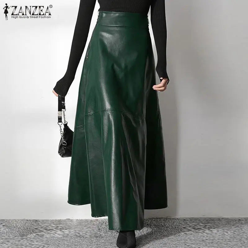 2023 Fashion Solid Mujer Faldas ZANZEA PU Leather Maxi Skirts Women's Elegant OL Long Saias Casual High Waist Zipper Jupe Femme - reetell