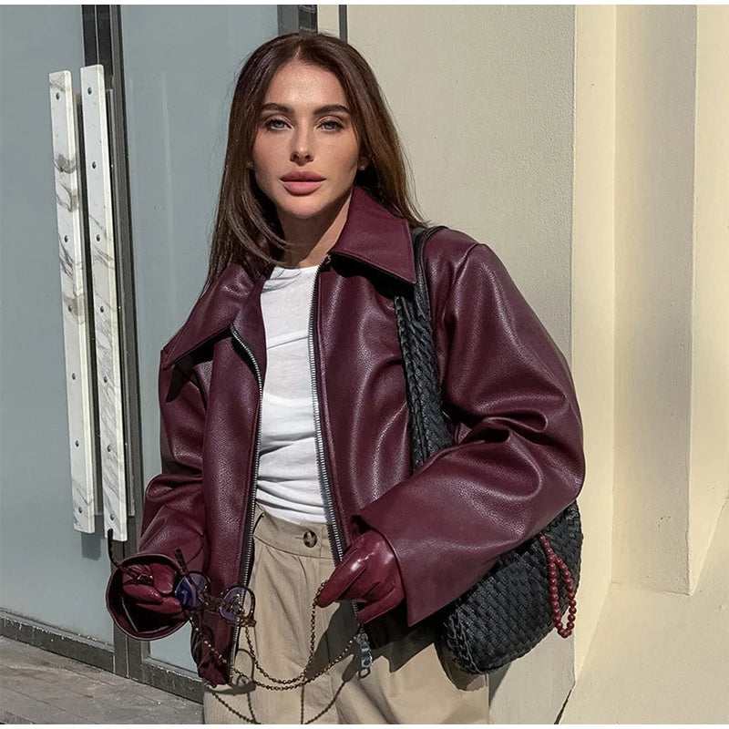 Elegant Burgundy Faux Leather Jackets Women Fashion Lapel Zipper Long Sleeve Female Coats 2024 Autumn Winter Lady Street Outwear