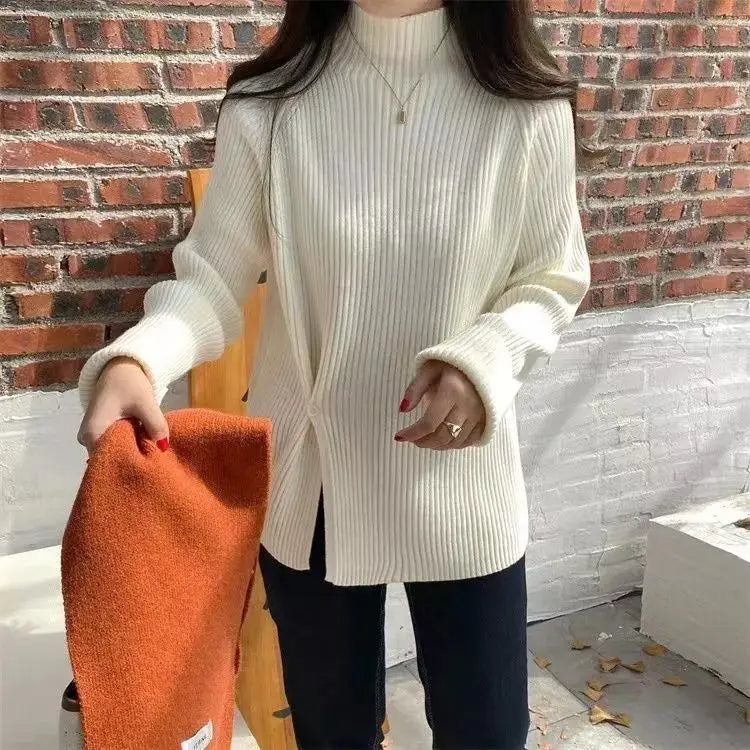 Women's Knit Sweater Off-white Loose Turtleneck Ladies PulloversButtons Slit Hot Sale Winter Offers Trend New Knitwear 2024 - reetell