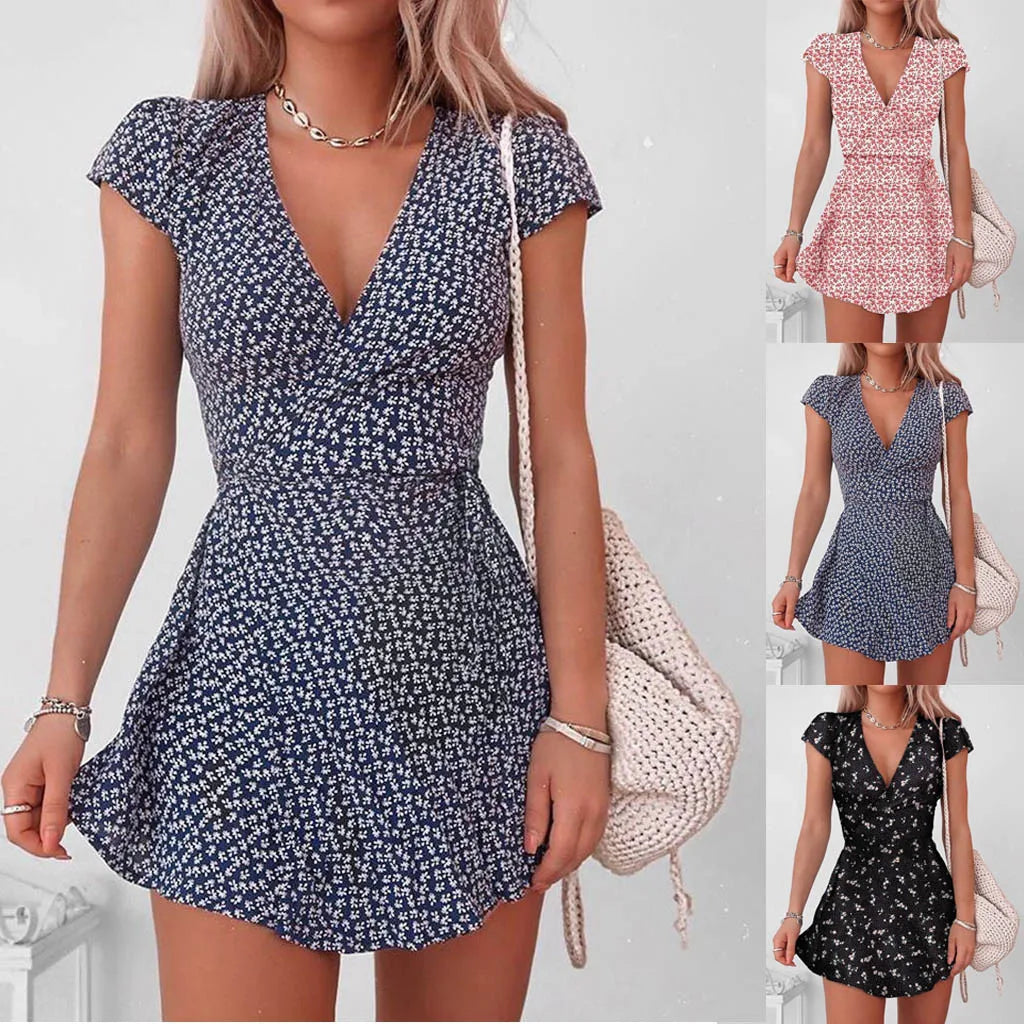 Summer European And American Women's Clothing Floral Skirt Print Floral Half V-Neck Mini Sleeve Dress Women's Dress - reetell