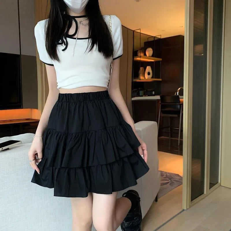 Sweet Cake A-line Skirt Black Women Cute Pleated Puffy Skirt Elastic Waist Preppy Style Solid Color Casual Korean Fashion Casual - reetell