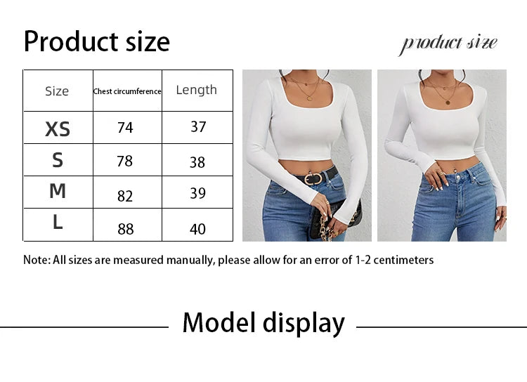 Slim fit short sexy top with exposed navel  casual long sleeved solid color T-shirt  square neck vest   women's clothing - reetell