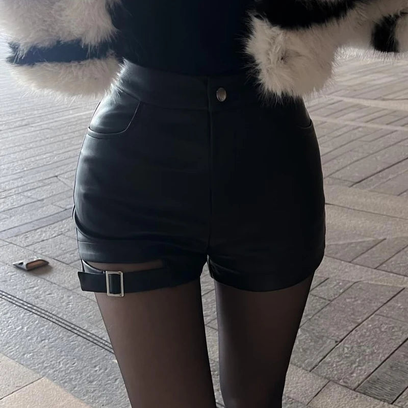 Sexy Black Pu Leather Shorts Women's Autumn and Winter Tight Gothic High Waist Shorts Street Fashion Y2K Hot Girl Outfit - reetell