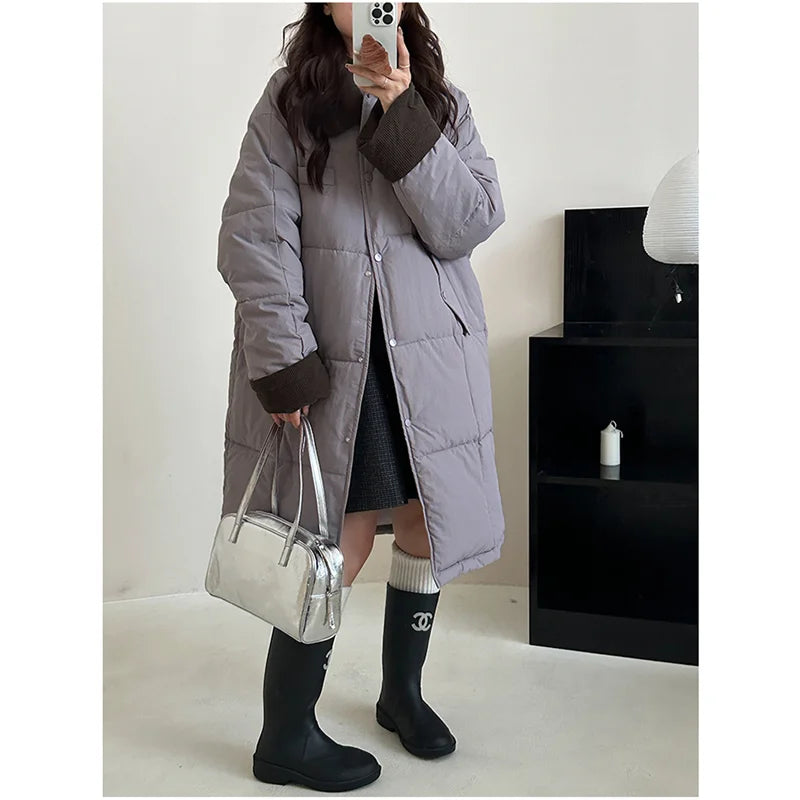 Winter Women's Down Puffer Jackets Baggy Thickening Warm Corduroy Collar Clothing Boutique Clothes Cotton Medium and Long Coats