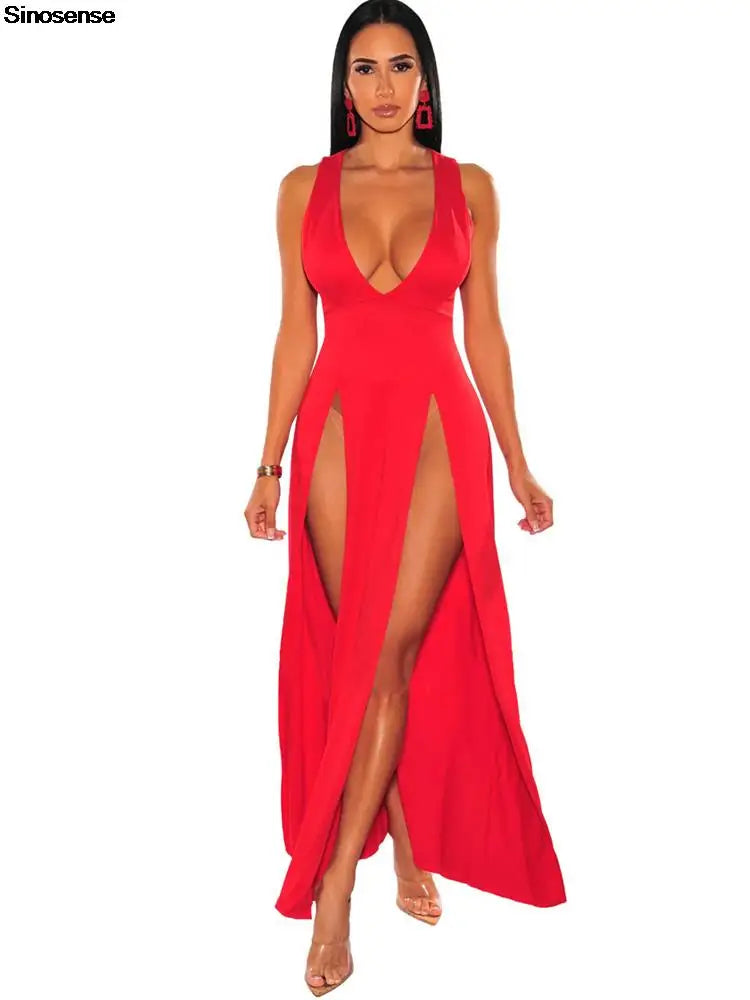 Sexy Deep V Neck High Split Bodycon Cocktail Party Maxi Dress Women Formal Evening Dress Solid Red Summer Long Club Dress - reetell