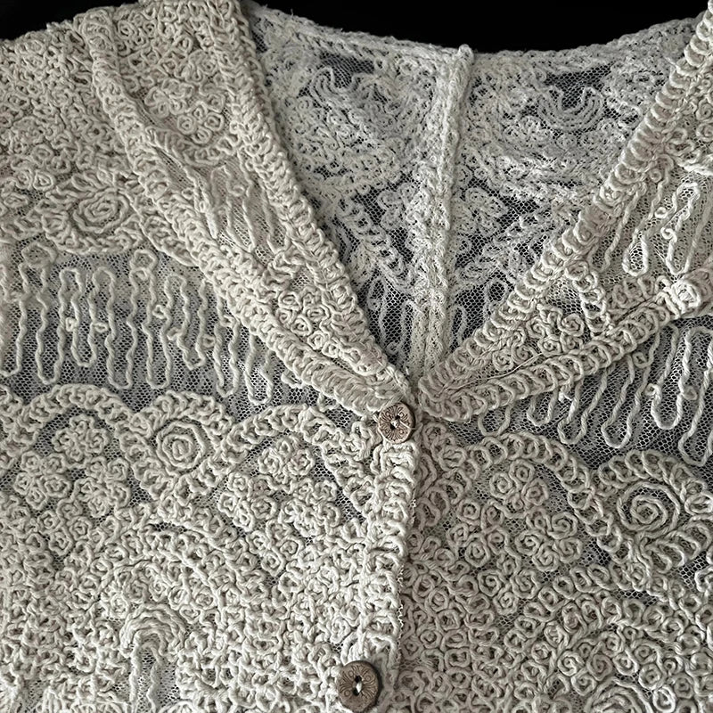 Sheer Embroidery Lace Blouse Cover Up Top Short Sleeve Button Front Cardigan Women Summer Boho Vacation Outfit - reetell