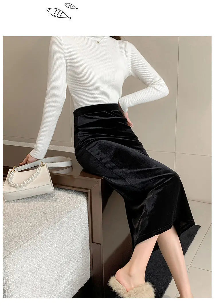 Elegant Velvet Black Long Skirts Women Autumn Winter High Waist Faldas Korean Fahion Clothing Office Ladies Bodycon Midi Skirt - reetell