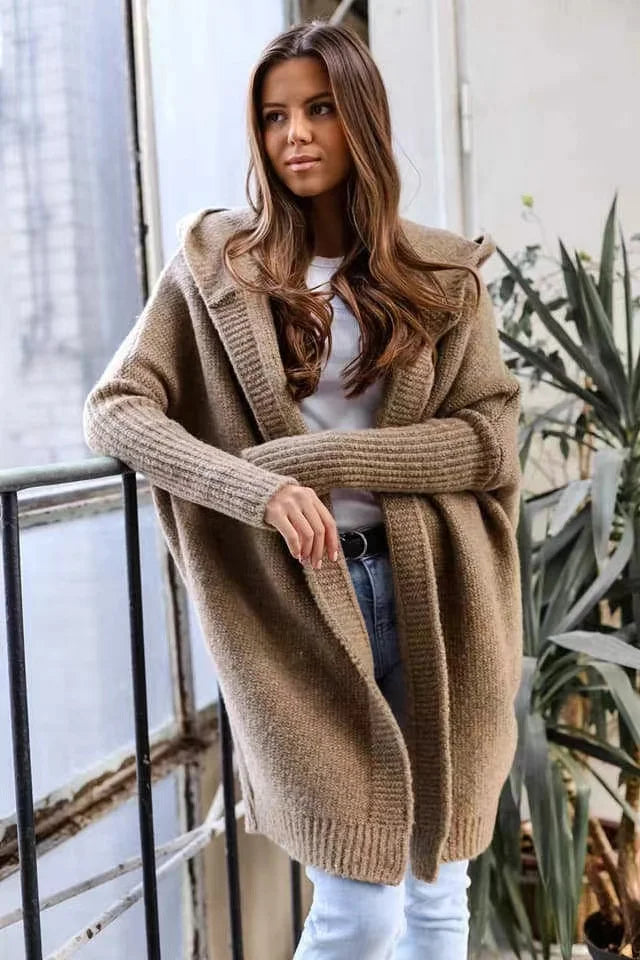 2024 Autumn Winter Cozy Chic Hooded Cardigan Women's Casual Knit Sweater Coat Elegant Batwing Sleeve Pocket Long Jacket Jumpers - reetell