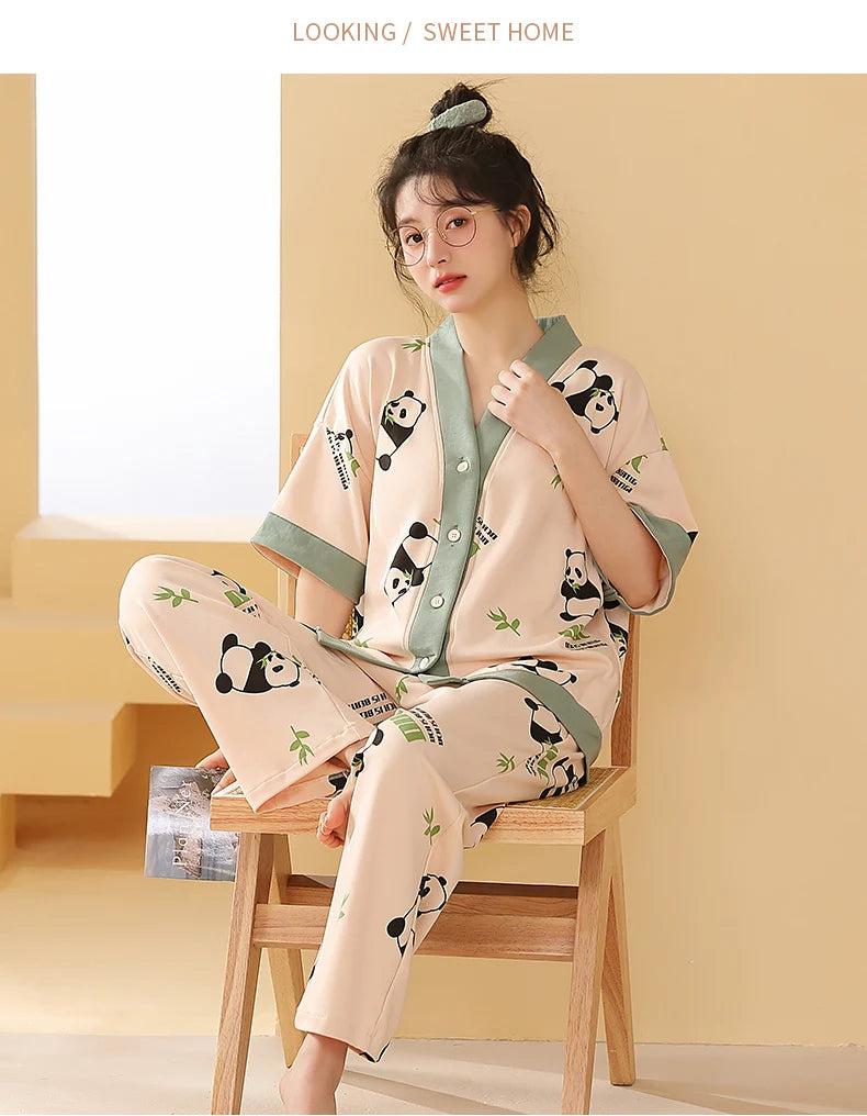 Women Clothing M-5XL Summer Cotton Panda Pajama Casual Short Sleeve Kimono Cardigan Sleepwear Cartoon Nightwear Woman Loungewear