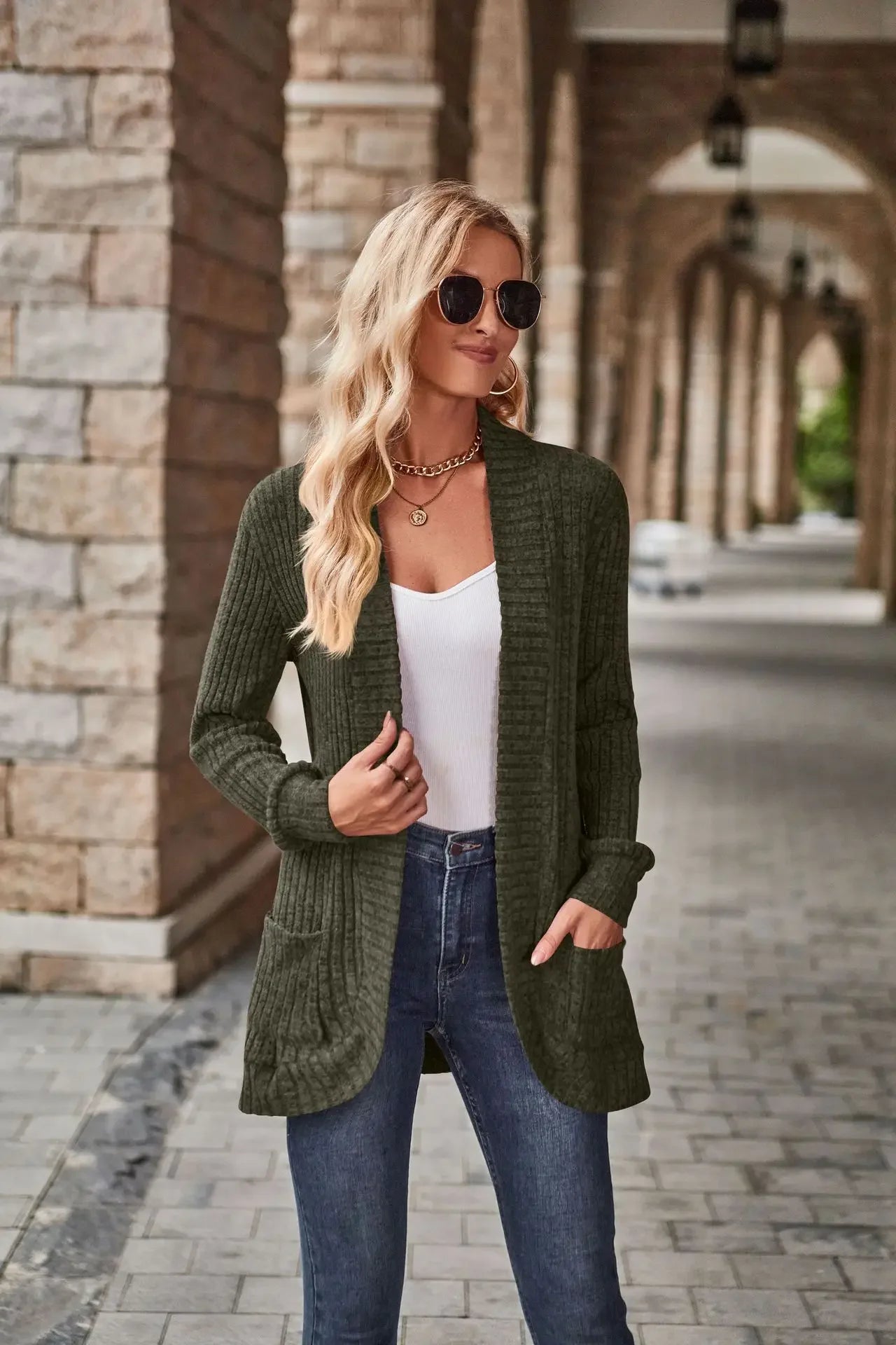 Women'S Spring And Autumn Solid Color Sweater Cardigan Fashion Pocket Cardigan Top Jacket Comfortable Soft Sweater Tienda Traf - reetell