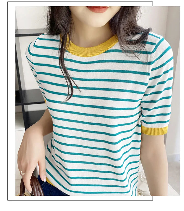 Short Sleeve T-shirts Women Striped Basic Chic Simple All-match Harajuku Retro Cotton O-neck Trendy Loose Leisure Cozy Womens - reetell