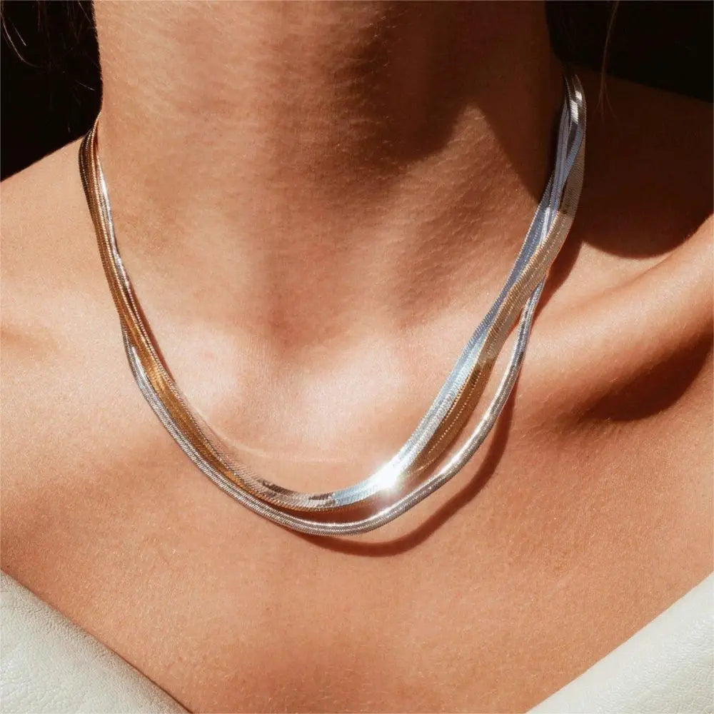 eManco Unisex Snake Chain Necklace Silver Color Choker Stainless Steel Herringbone Chain Necklace For Women Jewelry Wholesale