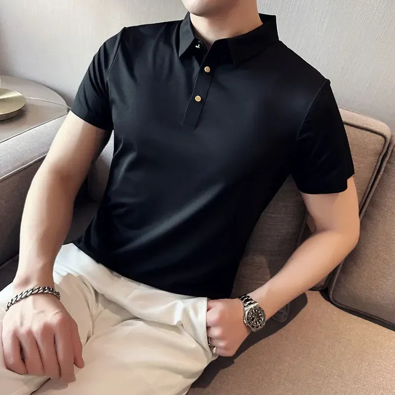 Ice Silk Traceless T-shirt Men's  Business Casual Solid Color Half Sleeve High Elasticity Top Silk Smooth Breathable POLO Shirt