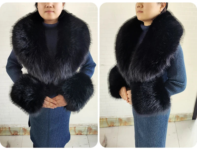 Winter Faux Fur Collar Cuffs Set Women Fluffy Large Shawl Coat Accessories Warm Fashion Fake Fox Fur Scarf Furry Scarves Female - reetell