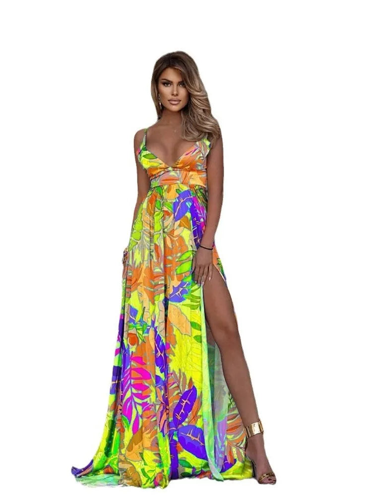 Color Print Spaghetti Strap Long Dresses Women Sexy Deep V-neck Backless Slit Dress Fashion Bohemian Beach Vacation Maxi Vestido - reetell