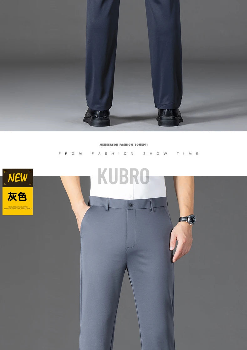 KUBRO Men's Summer Thin Fashion Business Casual Suit Pants Long Pants Men's Elastic Straight Sleeve Formal Pants Plus Size 2024 - reetell