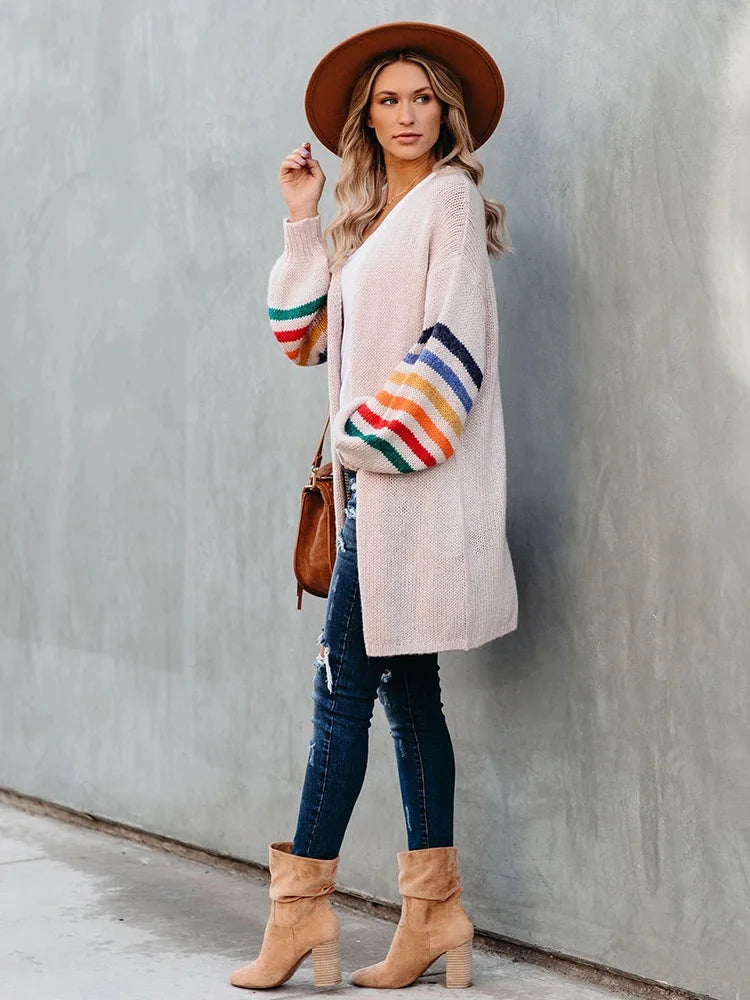 Fitshinling Rainbow Striped Boho Cardigan Winter Long Coat Female Knitwear Pink Slim Sweaters Cardigans For Women Clothes 2022 - reetell