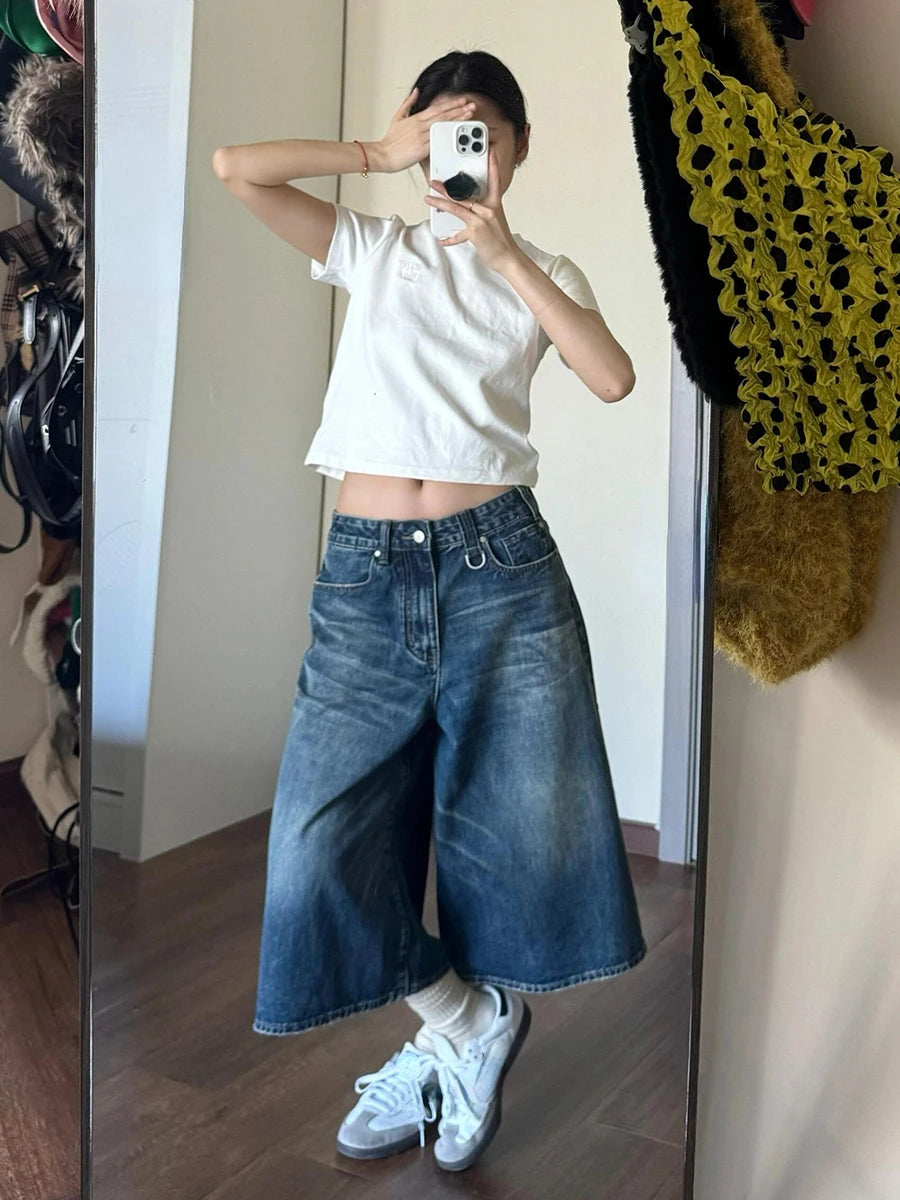 2024 Vintage Wash Whiskers Denim Shorts Women Low Rise Distressed Frayed Wide Leg Baggy Jeans Jorts Casual Summer Clothes - reetell