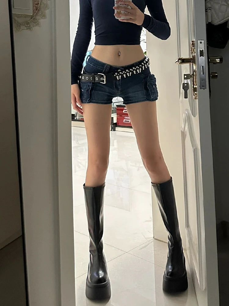 Woman Casual Hot Slim Pants Low Waist Jean Solid Color Wash shorts Goblin Denim Shorts Y2k Classical Sexy Gyaru Dark Academia - reetell