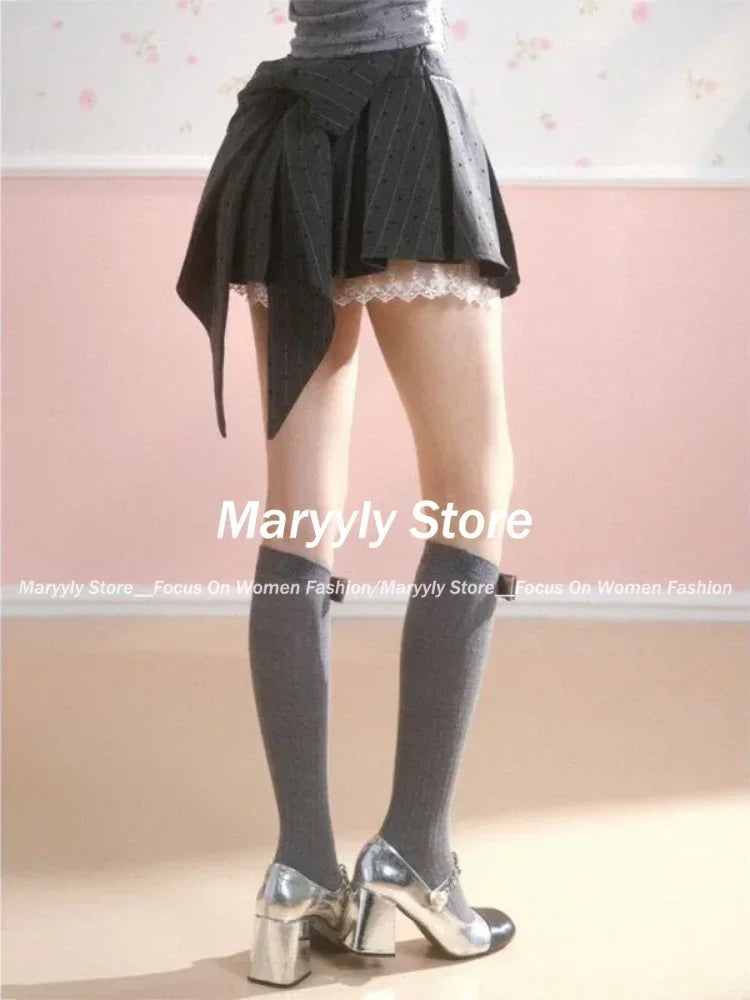 Design Bow Gray Pleated Skirt Women Lace Patchwork Mini Skirt 2024 Summer Fashion Lolita Style Striped Dot Print Cutecore Skirt - reetell