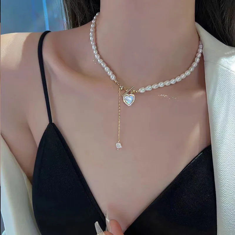 Korean Pearl Chain Choker Necklace for Women Girls 2023 Trend Jewelry Heart Tassel Pendant Necklace Bridal Engagement Gift