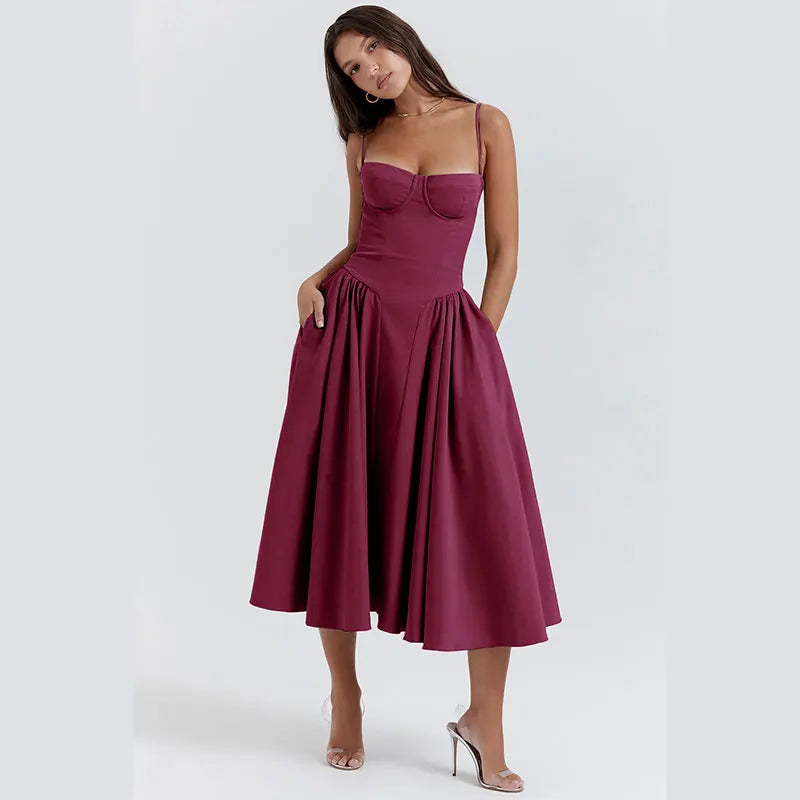 Sexy Solid Pleated Hem Sling Dress Women Fashion Midi Sleeveless Backless Dresses Female 2024 Summer Party Evening A-line Robes - reetell