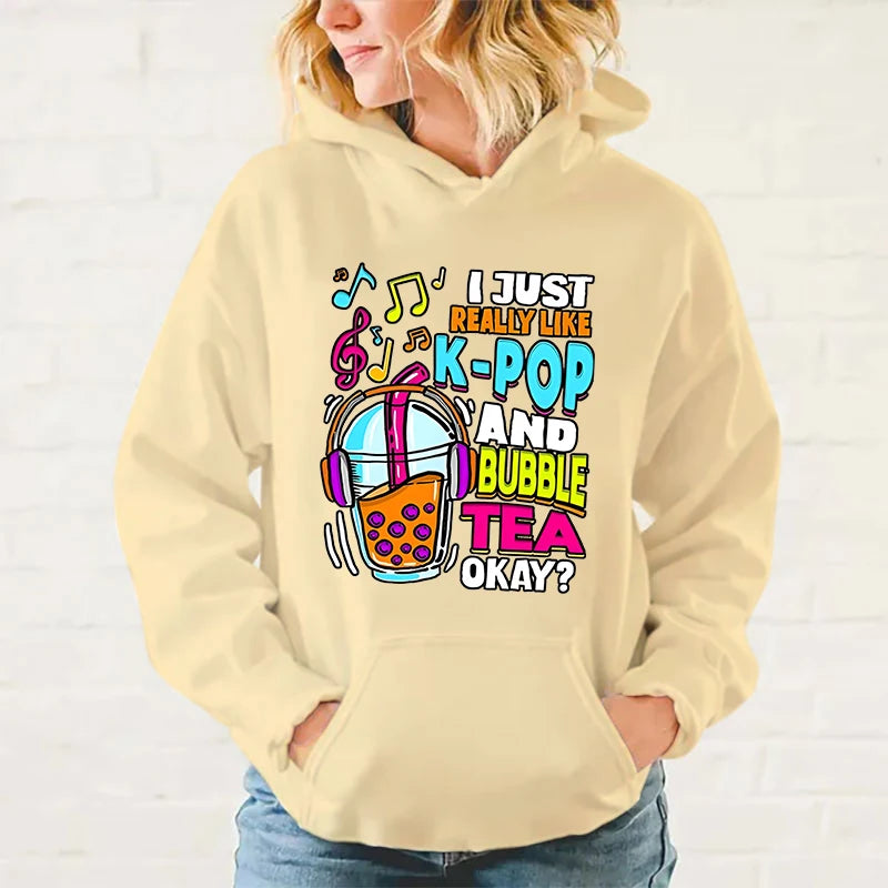 New I Just Really Like K-Pop And Bubble Tea Okay Print Hoodie Sweathshirts Men Women Hooded Pullover Unisex Long Sleeve Hoodie - reetell