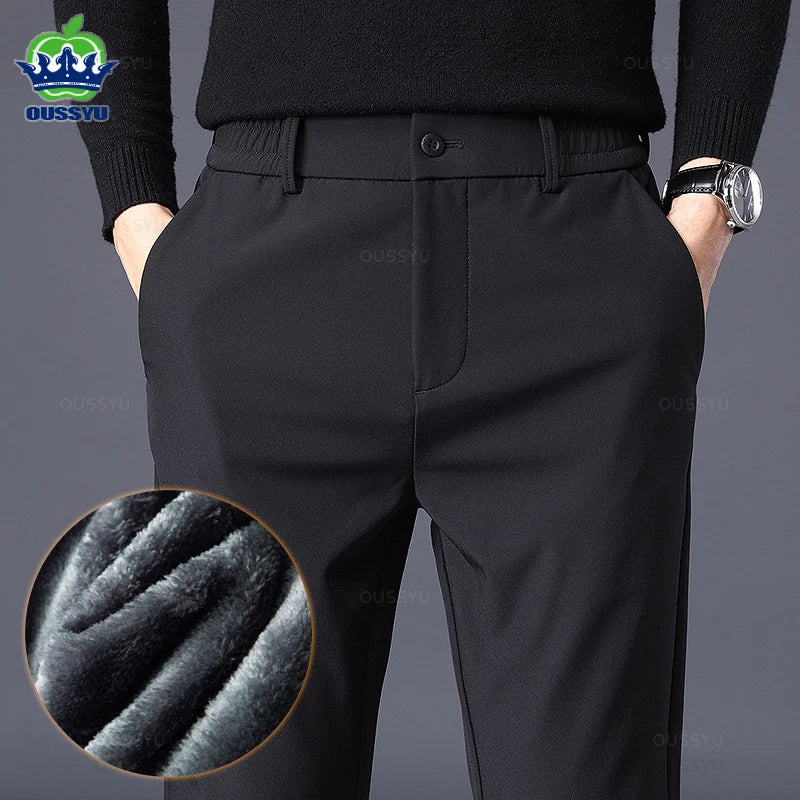 Winter Warm Men's Fleece Pants Thick Business Stretch Slim Fit Elastic Waist Jogger Korean Classic Black Gray Blue Trousers Male - reetell