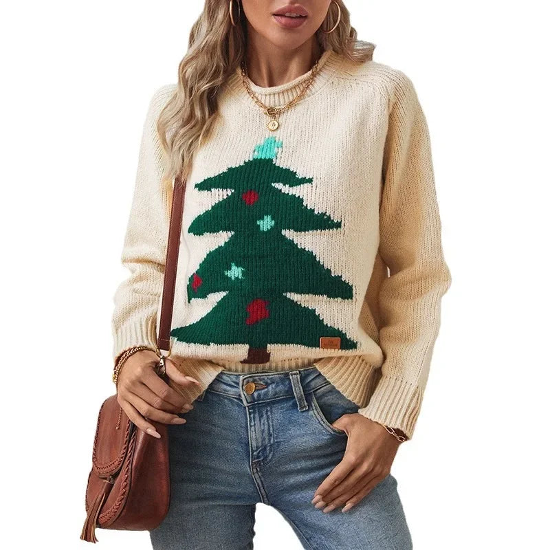 Drizzle Christmas tree pullover sweater for women Autumn and winter round collar loose holiday knitwear for women - reetell