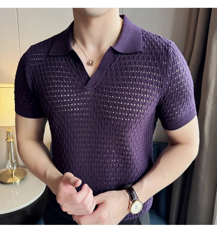 Men's Polo Shirt 2024 Summer New Light and Thin Knitted Hollow Solid Color Casual Short Sleeved V-neck T-shirt Men's Clothing