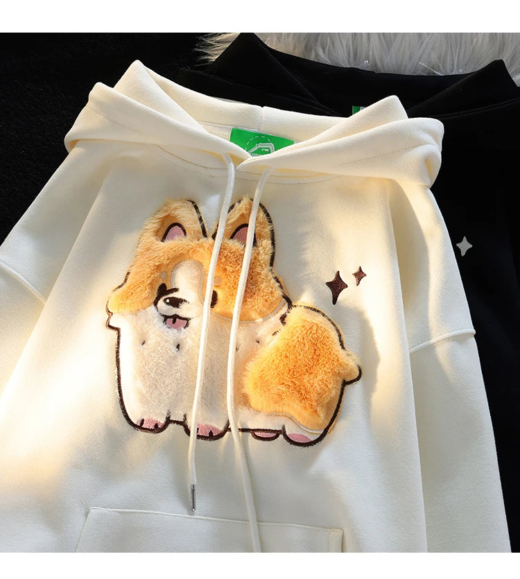 Embroidery Corgi Hooded Sweatshirt Ladies Loose and Sweet Hoodies Women Autumn Winter Casual Women's Long Sleeve Pullover Y2K - reetell