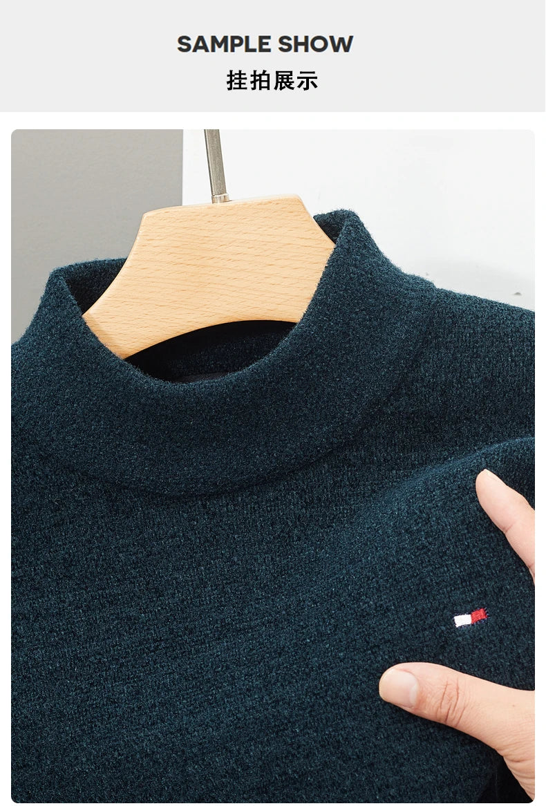 New Brand Men's Knitted Sweater Winter Mock Neck Warm Casual Solid Color Embroidered Pullover Korean Fashion Casual Men Clothing - reetell