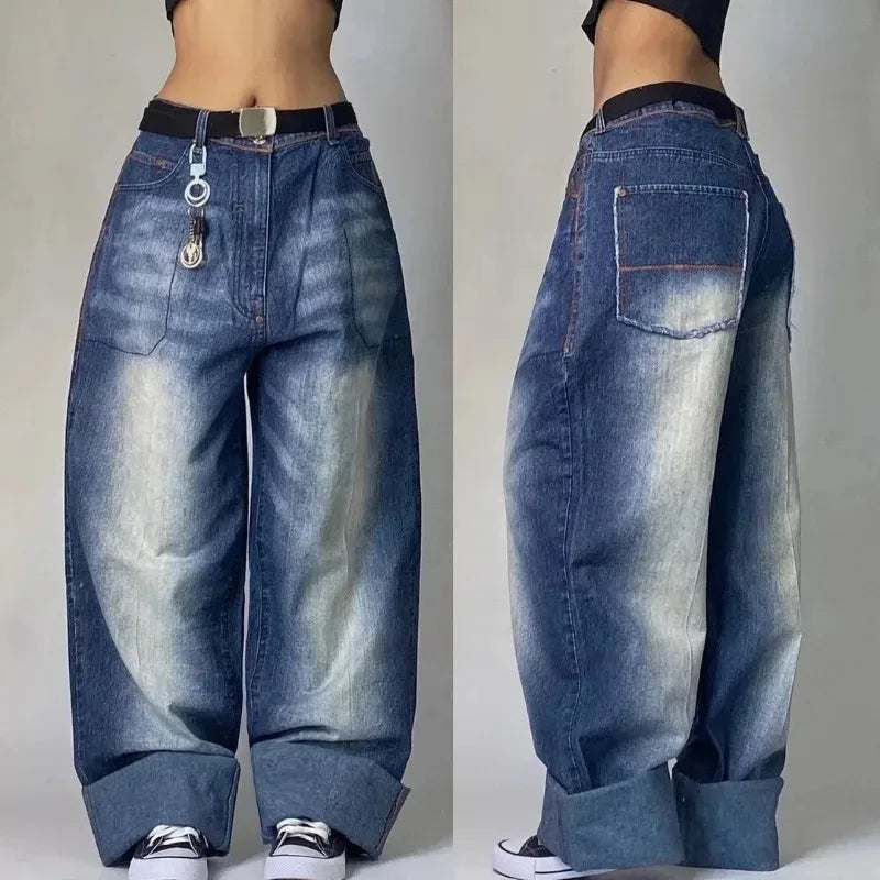 Streetwear American New Washed Light Blue Baggy Jeans Men And Women Y2K High Street Fashion Retro Punk High Waist Wide Trousers - reetell