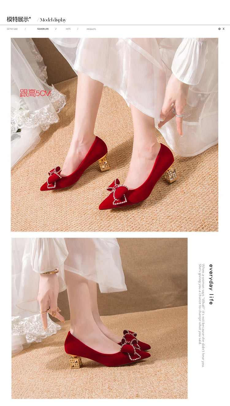 Autumn New Ladies High Heels Pointed Toe Shaped Heel High 5cm and 7cm Wedding Shoes Square Buckle Travel Banquet Shoe High Heels