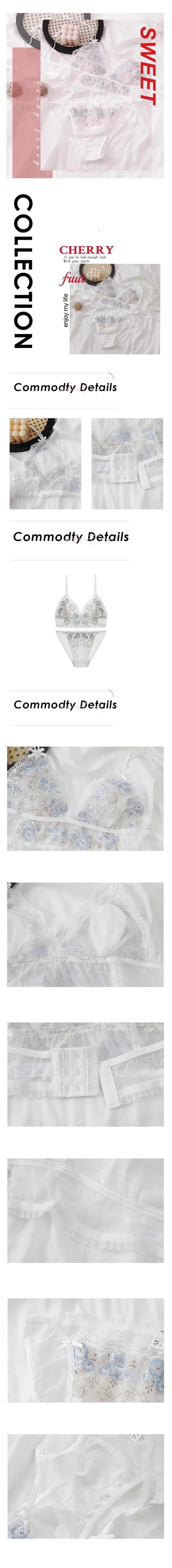 Sexy White Lingerie Set French Lace Blue Flowers Embroidery Bra Set Women Ultra Thin Breathable Underwear Triangle Cup Bralette - reetell