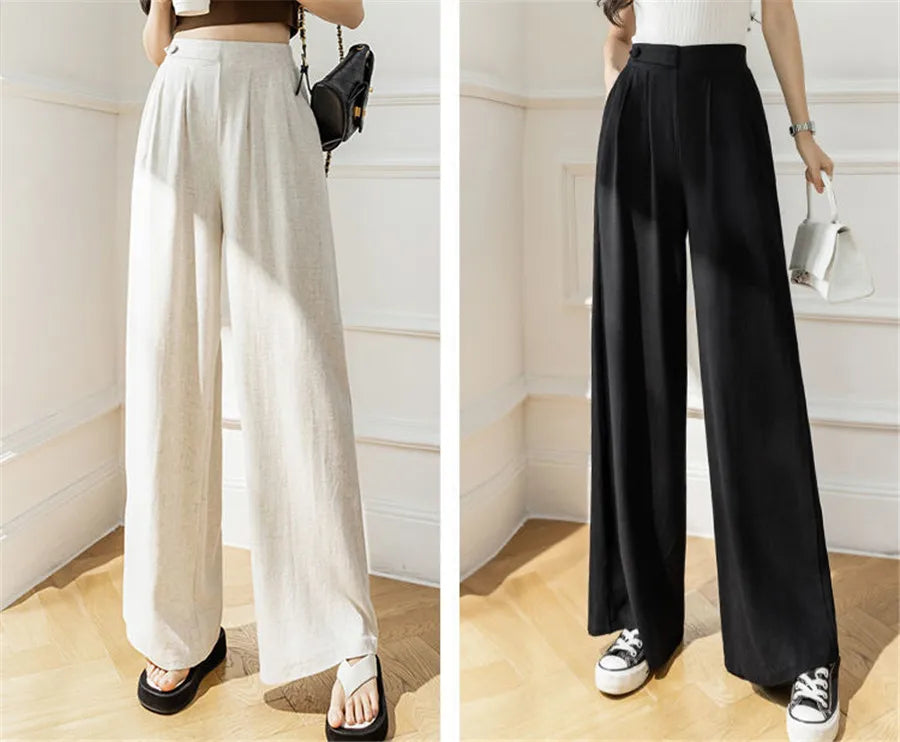 Summer New Cotton Linen Hig Waist Wide Leg Pants Mom's Straight Sweatpant Women 4xl Big Size Trousers Casual Baggy Pantalones - reetell